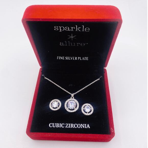 Cubic Zirconia And Silver Plated Necklace and Earrings Studs On Original Box - Picture 1 of 4